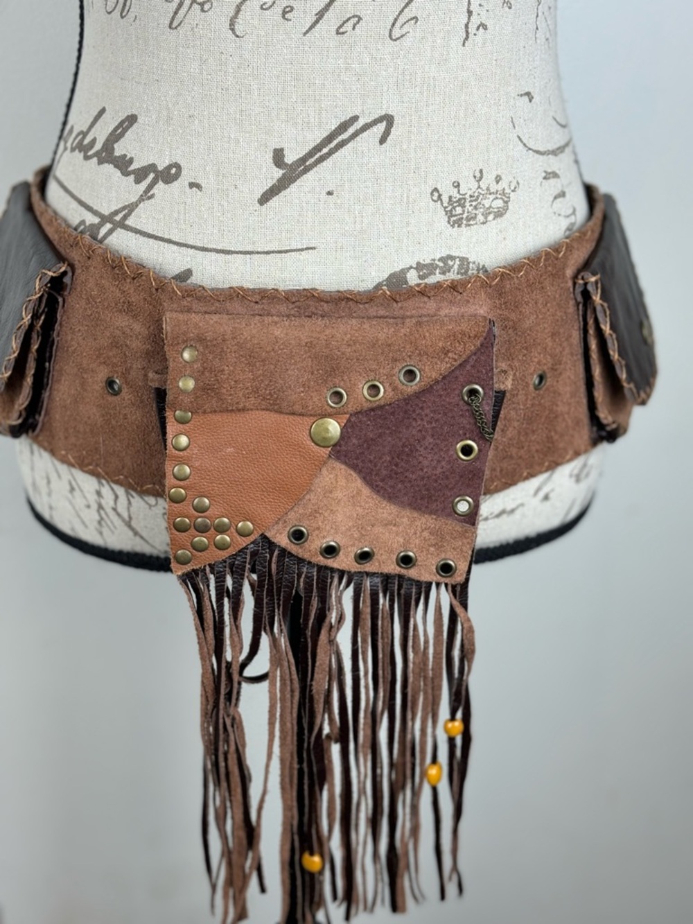 Handcrafted Brown Leather Fringe Festival Belt w/mult pockets-utility hip belt